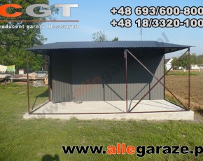 Garaż blaszany 5x5 z zadaszeniem dwuspadowy grafit RAL 7024 brama uchylna 