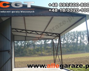 Garaż blaszany 5x5 z zadaszeniem dwuspadowy grafit RAL 7024 brama uchylna 