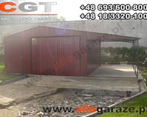 Garaż blaszany 5x5 z zadaszeniem dwuspadowy wiśniowy RAL 3005 brama uchylna 