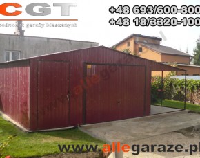 Garaż blaszany 5x5 z zadaszeniem dwuspadowy wiśniowy RAL 3005 brama uchylna 