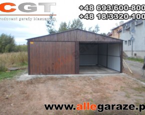 Garaż blaszany 6x5 dwuspadowy orzech
brama uchylna 