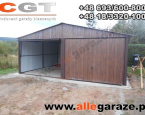 Garaż blaszany 6x5 dwuspadowy orzech
brama uchylna 