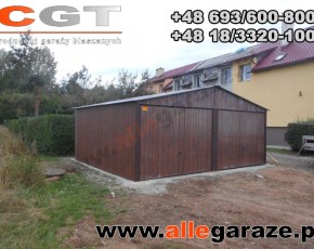 Garaż blaszany 6x5 dwuspadowy orzech
brama uchylna 