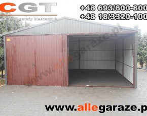 Garaż blaszany 6x5 dwuspadowy orzech
brama uchylna 