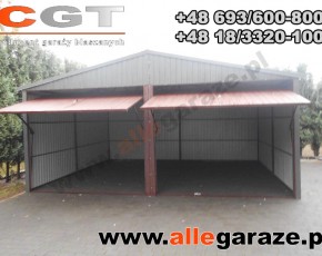 Garaż blaszany 6x5 dwuspadowy orzech
brama uchylna 