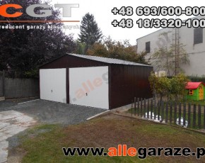 Garaż blaszany 6x5 dwuspadowy brązowy RAL 8017 brama uchylna 
