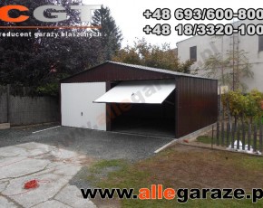 Garaż blaszany 6x5 dwuspadowy brązowy RAL 8017 brama uchylna 