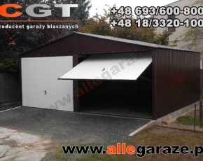 Garaż blaszany 6x5 dwuspadowy brązowy RAL 8017 brama uchylna 