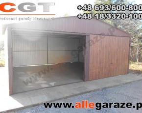 Garaż blaszany 6x5 dwuspadowy brązowy RAL 8017 brama uchylna 