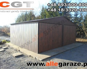 Garaż blaszany 6x5 dwuspadowy brązowy RAL 8017 brama uchylna 