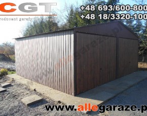 Garaż blaszany 6x5 dwuspadowy brązowy RAL 8017 brama uchylna 