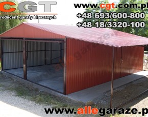 Garaż blaszany 6x5 RAL 8004 brązowy z zadaszeniem 