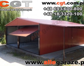 Garaż blaszany 6x5 RAL 8004 brązowy z zadaszeniem 
