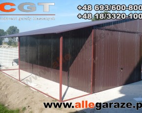 Garaż blaszany 6x5 dwuspadowy brązowy RAL 8017 z zadaszeniem brama uchylna 