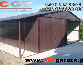Garaż blaszany 6x5 dwuspadowy brązowy RAL 8017 z zadaszeniem brama uchylna 