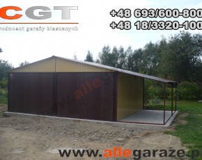 Garaż blaszany 6x5 dwuspadowy piaskowy  RAL 1002 z zadaszeniem brama uchylna 