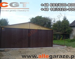 Garaż blaszany 6x5 dwuspadowy piaskowy  RAL 1002 z zadaszeniem brama uchylna 