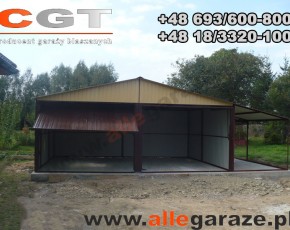Garaż blaszany 6x5 dwuspadowy piaskowy  RAL 1002 z zadaszeniem brama uchylna 