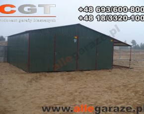 Garaż blaszany 6x5 dwuspadowy zielony RAL 6020 z zadaszeniem brama uchylna 
