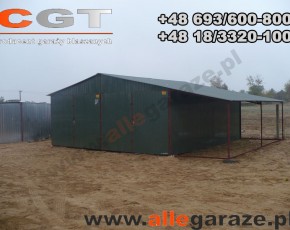 Garaż blaszany 6x5 dwuspadowy zielony RAL 6020 z zadaszeniem brama uchylna 