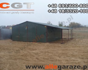 Garaż blaszany 6x5 dwuspadowy zielony RAL 6020 z zadaszeniem brama uchylna 