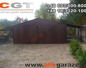 Garaż blaszany 6x5 dwuspadowy brązowy RAL 8017 z zadaszeniem brama uchylna 