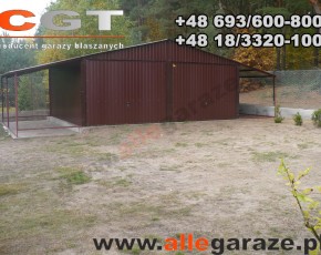 Garaż blaszany 6x5 dwuspadowy brązowy RAL 8017 z zadaszeniem brama uchylna 