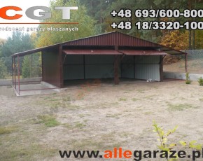 Garaż blaszany 6x5 dwuspadowy brązowy RAL 8017 z zadaszeniem brama uchylna 