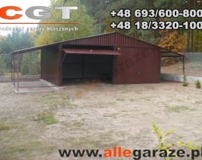 Garaż blaszany 6x5 dwuspadowy brązowy RAL 8017 z zadaszeniem brama uchylna 