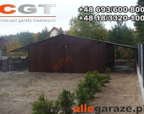 Garaż blaszany 6x5 dwuspadowy brązowy RAL 8017 z zadaszeniem brama uchylna 