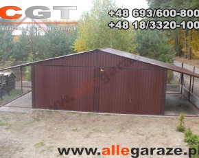 Garaż blaszany 6x5 dwuspadowy brązowy RAL 8017 z zadaszeniem brama uchylna 