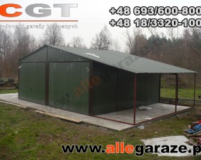 Garaż blaszany 6x5 dwuspadowy zielony RAL 6020 z zadaszeniem brama uchylna 