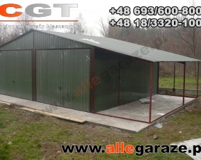Garaż blaszany 6x5 dwuspadowy zielony RAL 6020 z zadaszeniem brama uchylna 