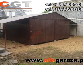 Garaż blaszany 6x5 dwuspadowy brązowy RAL 8017 z zadaszeniem brama uchylna 