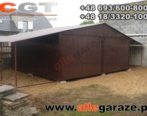 Garaż blaszany 6x5 dwuspadowy brązowy RAL 8017 z zadaszeniem brama uchylna 