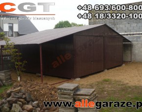 Garaż blaszany 6x5 dwuspadowy brązowy RAL 8017 z zadaszeniem brama uchylna 