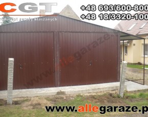 Garaż blaszany 6x5 dwuspadowy brązowy RAL 8017 z zadaszeniem brama uchylna 