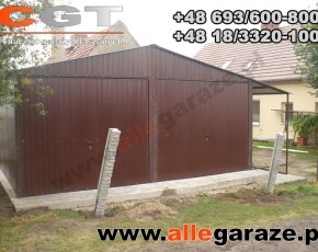 Garaż blaszany 6x5 dwuspadowy brązowy RAL 8017 z zadaszeniem brama uchylna 