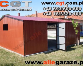 Garaż blaszany 6x5 RAL 8004 brązowy z zadaszeniem 