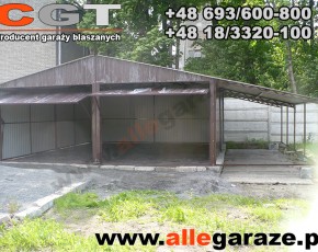 Garaż blaszany 6x5 RAL 8017 brązowy z zadaszeniem 