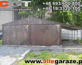 Garaż blaszany 6x5 RAL 8017 brązowy z zadaszeniem 