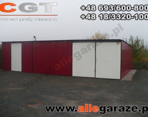 Garaż blaszany 9x5 spad na tył wiśnia RAL 3005 brama uchylna