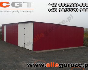 Garaż blaszany 9x5 spad na tył wiśnia RAL 3005 brama uchylna