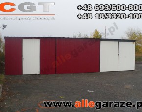 Garaż blaszany 9x5 spad na tył wiśnia RAL 3005 brama uchylna