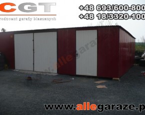 Garaż blaszany 9x5 spad na tył wiśnia RAL 3005 brama uchylna