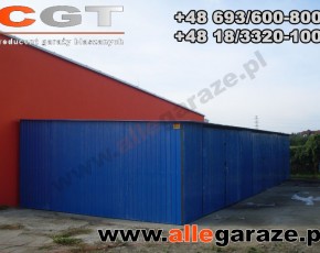 Garaż blaszany 9x5 spad na tył niebieski RAL 5010 brama uchylna