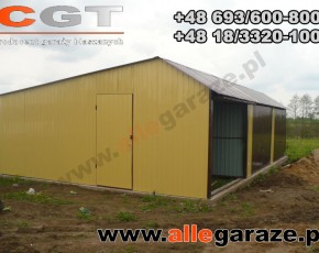 Garaż blaszany 9x6 dwuspadowy piaskowy RAL1002 brama uchylna