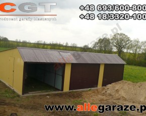 Garaż blaszany 9x6 dwuspadowy piaskowy RAL1002 brama uchylna