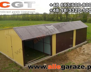 Garaż blaszany 9x6 dwuspadowy piaskowy RAL1002 brama uchylna