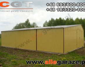 Garaż blaszany 9x6 dwuspadowy piaskowy RAL1002 brama uchylna
